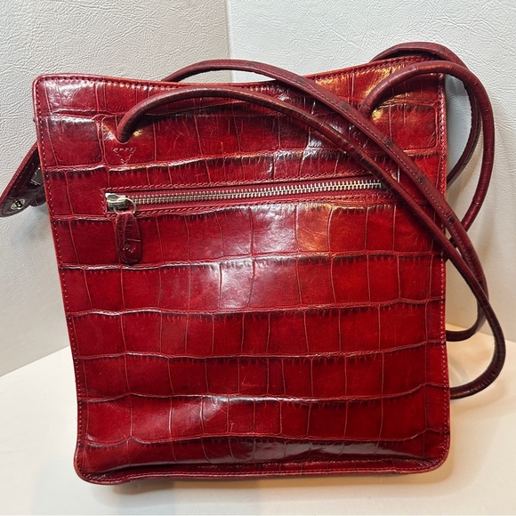 MONSAC Red Crocodile-Embossed Leather Tote Bag Purse W/ Double Handles - Picture 2 of 9